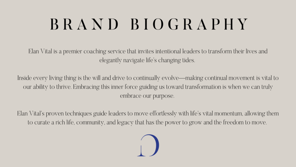 Graphic with the brand biography for Elan Vital