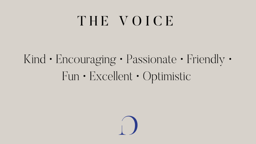 Graphic that reads "The Voice Kind • Encouraging • Passionate • Friendly • Fun • Excellent • Optimistic"