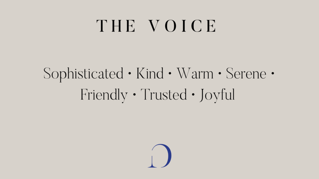 Graphic that reads "The Voice Sophisticated • Kind • Warm • Serene • Friendly • Trusted • Joyful"