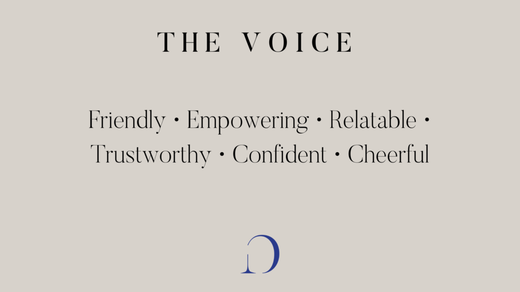 Graphic that reads "The Voice Friendly • Empowering • Relatable • Trustworthy • Confident • Cheerful"